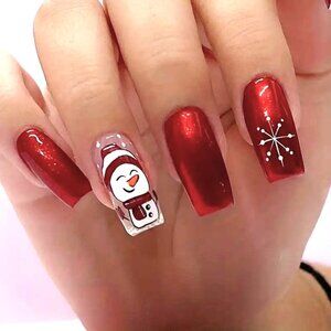 24 Snowman Fake Nails Press On Glossy Snowflake Christmas Holiday Metallic Shine